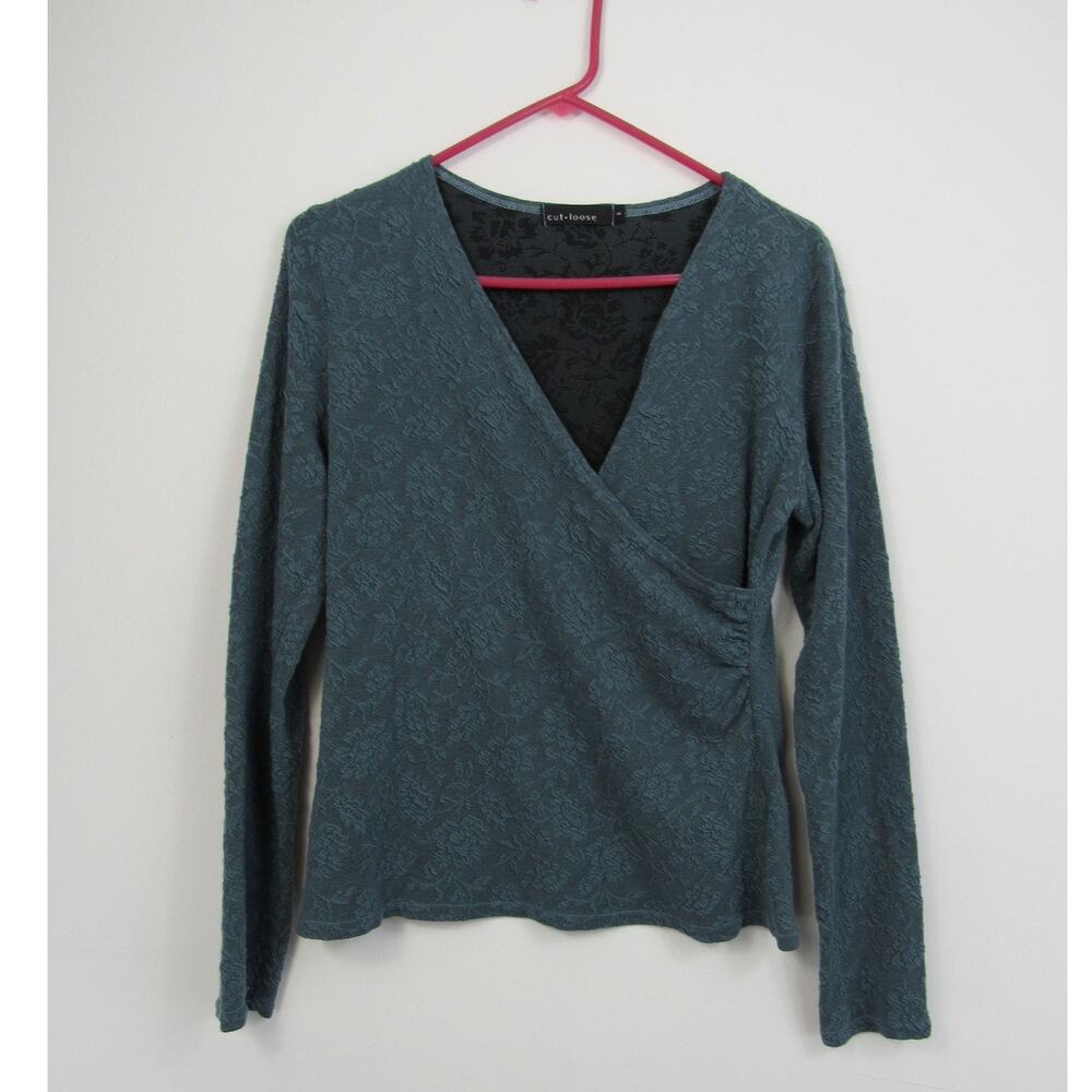 Cut Loose Small Faux Wrap Top Textured Deep Teal Floral Long Sleeves V Neck
